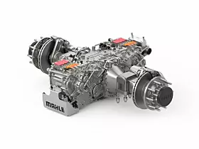 Elektromotorenfertigung: Eine E-Achse von Mahle, in die zwei SCT E-Motoren mit insgesamt 520 kW Spitzenleistung und 480 kW Dauerleistung sowie das dazu gehörige Liquid Management integriert sind.