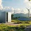 The large cabinet for battery storage cabinet and charge control system receives electrical power from wind turbines and solar cells Farm