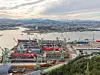 View of the colorful shipyard ocean port and harbor from the Ulsan bridge Observatory in Ulsan South Korea during a golden sunset
