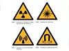 Warnzeichen vor radioaktiven Stoffen (oben links), Warnzeichen vor Laserstrahl (oben rechts), Warnzeichen vor nicht ionisierender Strahlung (unten links) und Warnzeichen vor magnetischem Feld (unten rechts).