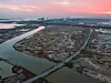 Aerial view of an industrial area in Dagang Oilfield, Binhai New Area, Tianjin, China at sunrise