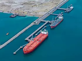 Oil tanker ship. Red Oil Tanker runing in the ocean sea. petroleum ship transportation import export fuel energy across red ocean sea. Vessel transport Gas to customs