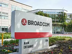 San Jose, CA, USA - Mar 5, 2020: The main entrance to American technology company Broadcom Inc.'s Headquarters. Broadcom focuses on semiconductor, infrastructure software, and cybersecurity solutions.