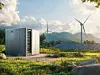 The large cabinet for battery storage cabinet and charge control system receives electrical power from wind turbines and solar cells Farm