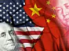 Die Flaggen der USA und Chinas mit den jeweiligen Köpfen auf ihrer Währung reingerendert