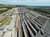 Eurotunnel Folkestone Terminal Channel tunnel UK drone aerial view..