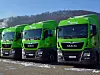 3 gleiche grüne MAN Trucks, von schräg rechts, blauer Himmel