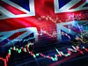 UK Financial Market Stock Market Data and British Flag Overlay