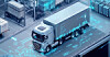 Weißer Sattelzug auf einer blau leuchtenden, futuristischen Digitalstraße.