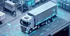 Weißer Sattelzug auf einer blau leuchtenden, futuristischen Digitalstraße.